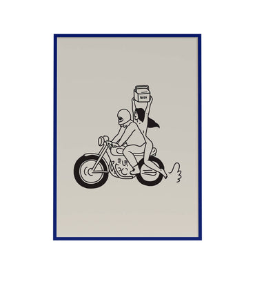 Beer run art print with retro motorcycle minimal line design
