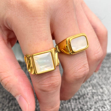 Inlaid Shell Square 18K Gold Plated Stainless Steel Ring