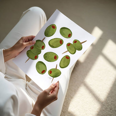 Bar cart artwork featuring bold olive illustrations for gifts