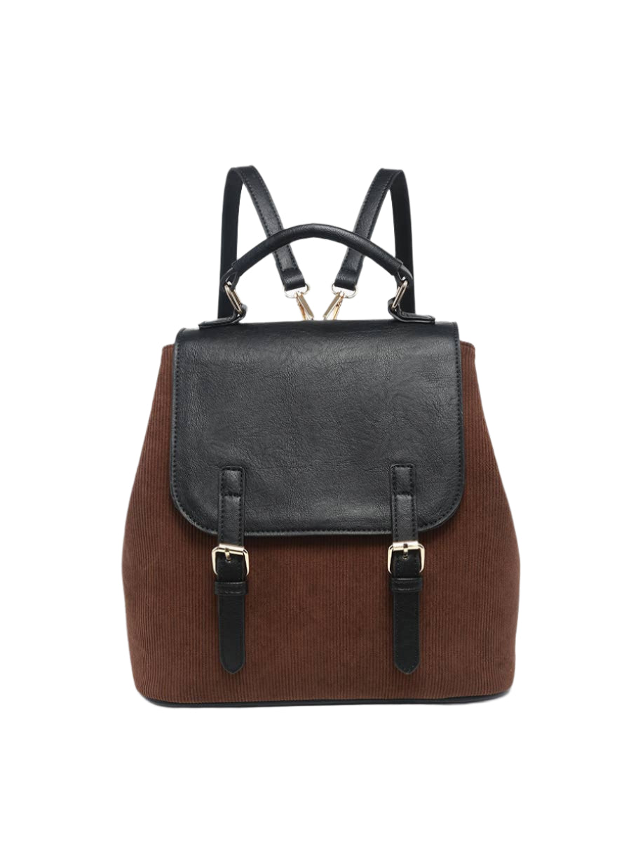 Corduroy convertible backpack with flap closure and adjustable straps