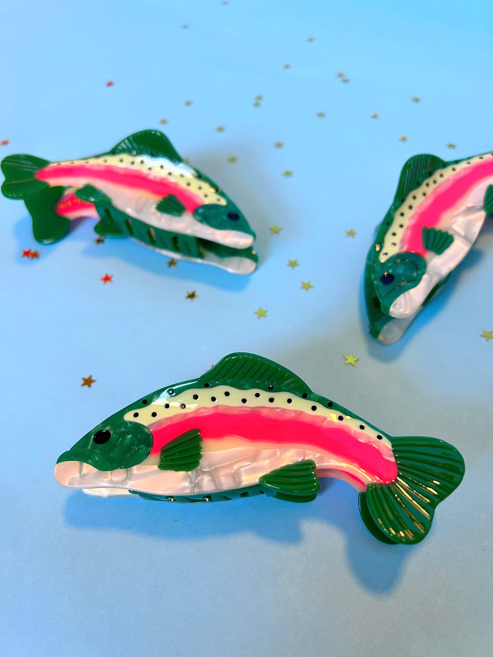 5.5-inch rainbow trout hair clip with sparkling rhinestone spots – bold gift shop hair accessory