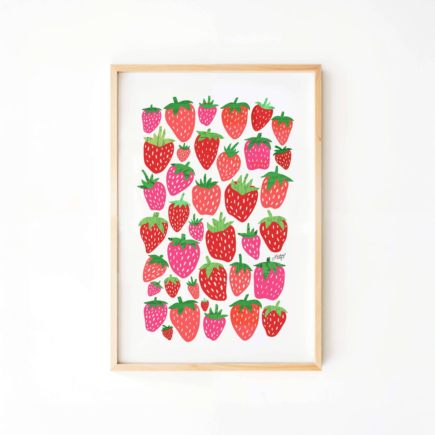 Hand illustrated strawberry collage art print  kitchen wall decor