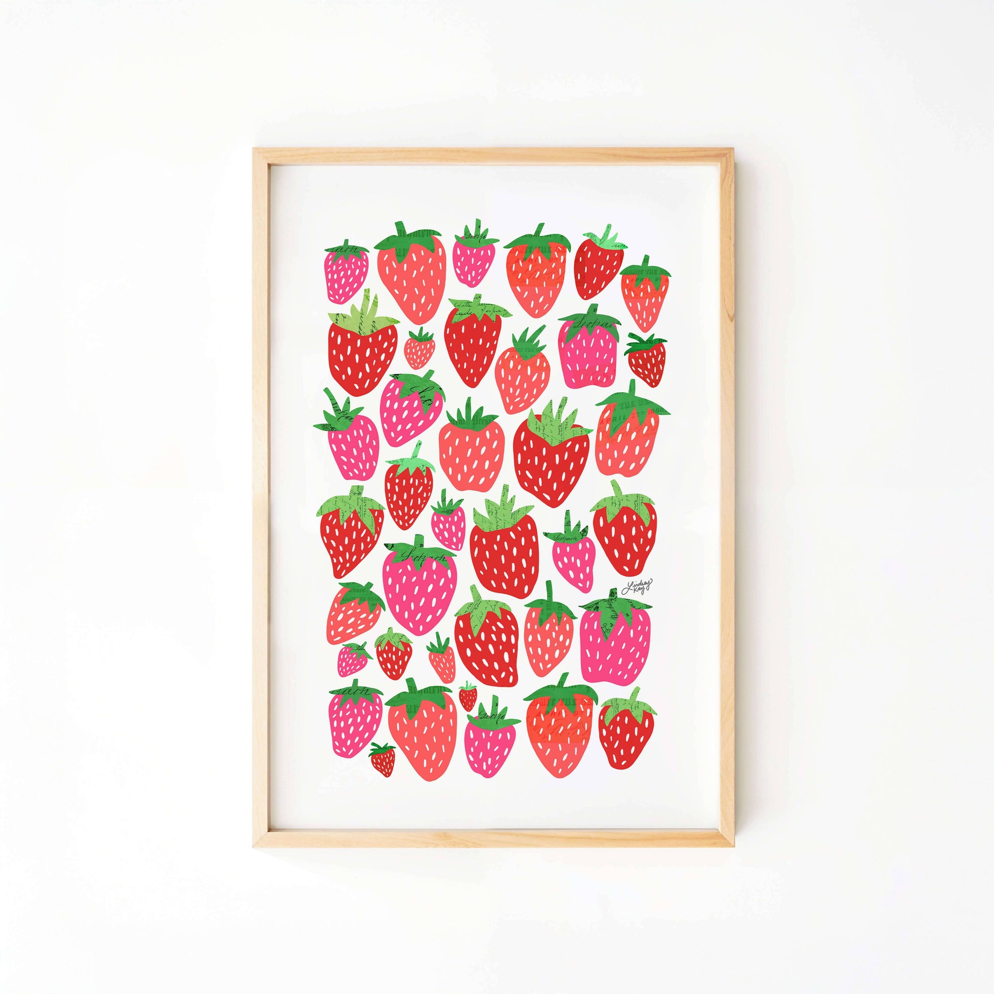 Hand illustrated strawberry collage art print  kitchen wall decor