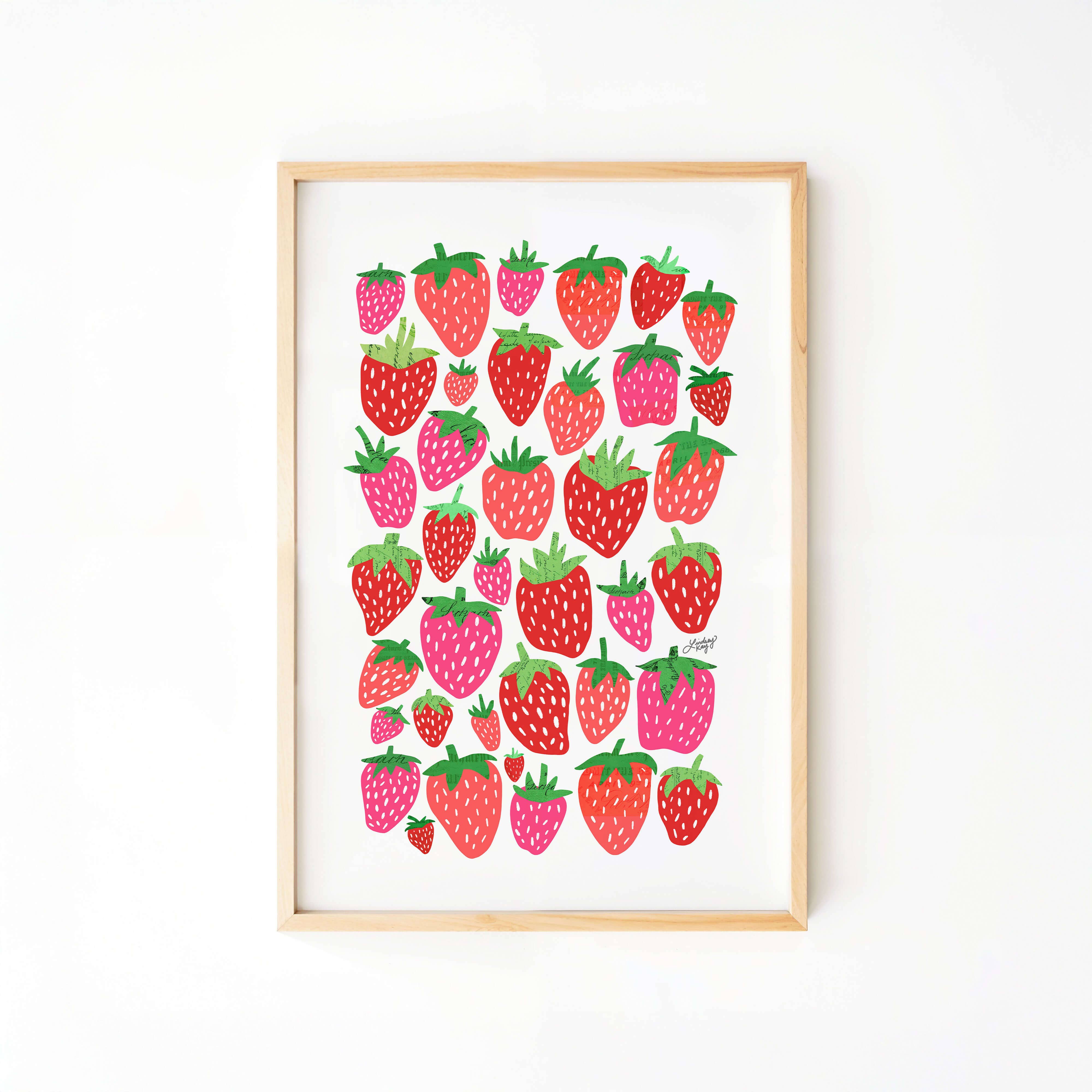 Hand illustrated strawberry collage art print  kitchen wall decor