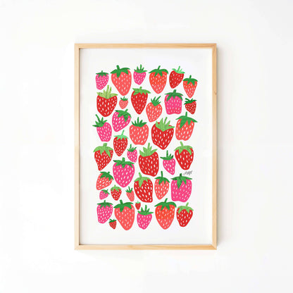 Hand illustrated strawberry collage art print  kitchen wall decor