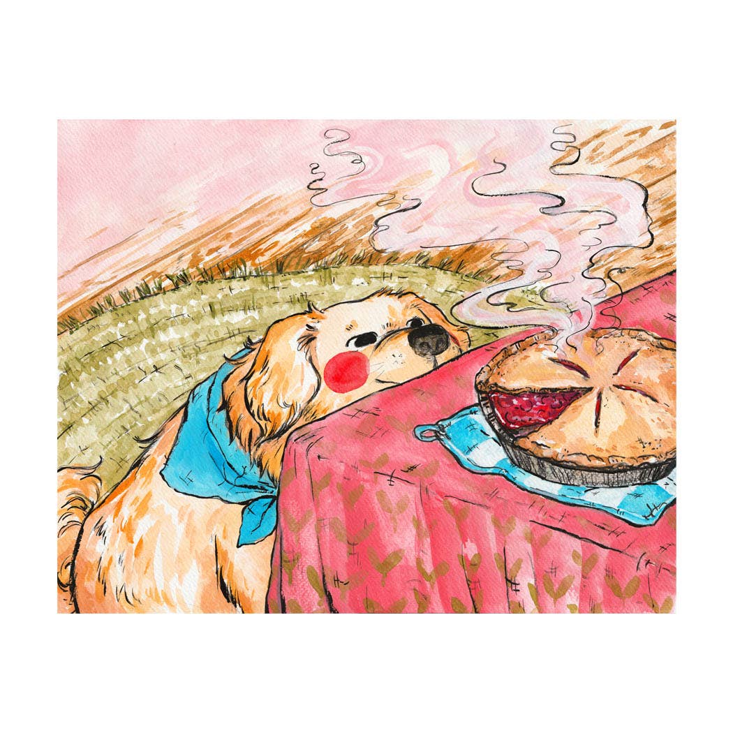 Golden retriever dog with red cheeks eyeing a steaming pie on a pink tablecloth, autumn-themed art print
