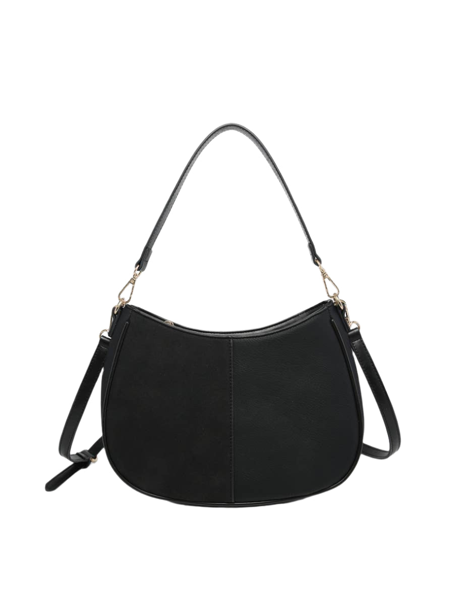 Chic suede shoulder bag with contrasting colors and removable straps