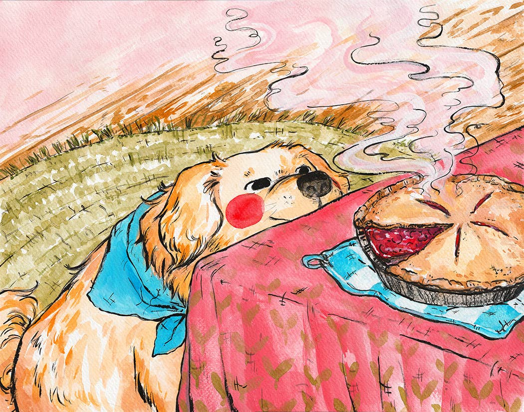 Whimsical dog and pie artwork printed on matte photo paper, 6x8 art print for fall decor