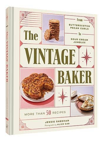 The Vintage Baker cookbook with retro patterns and embossed foil cover