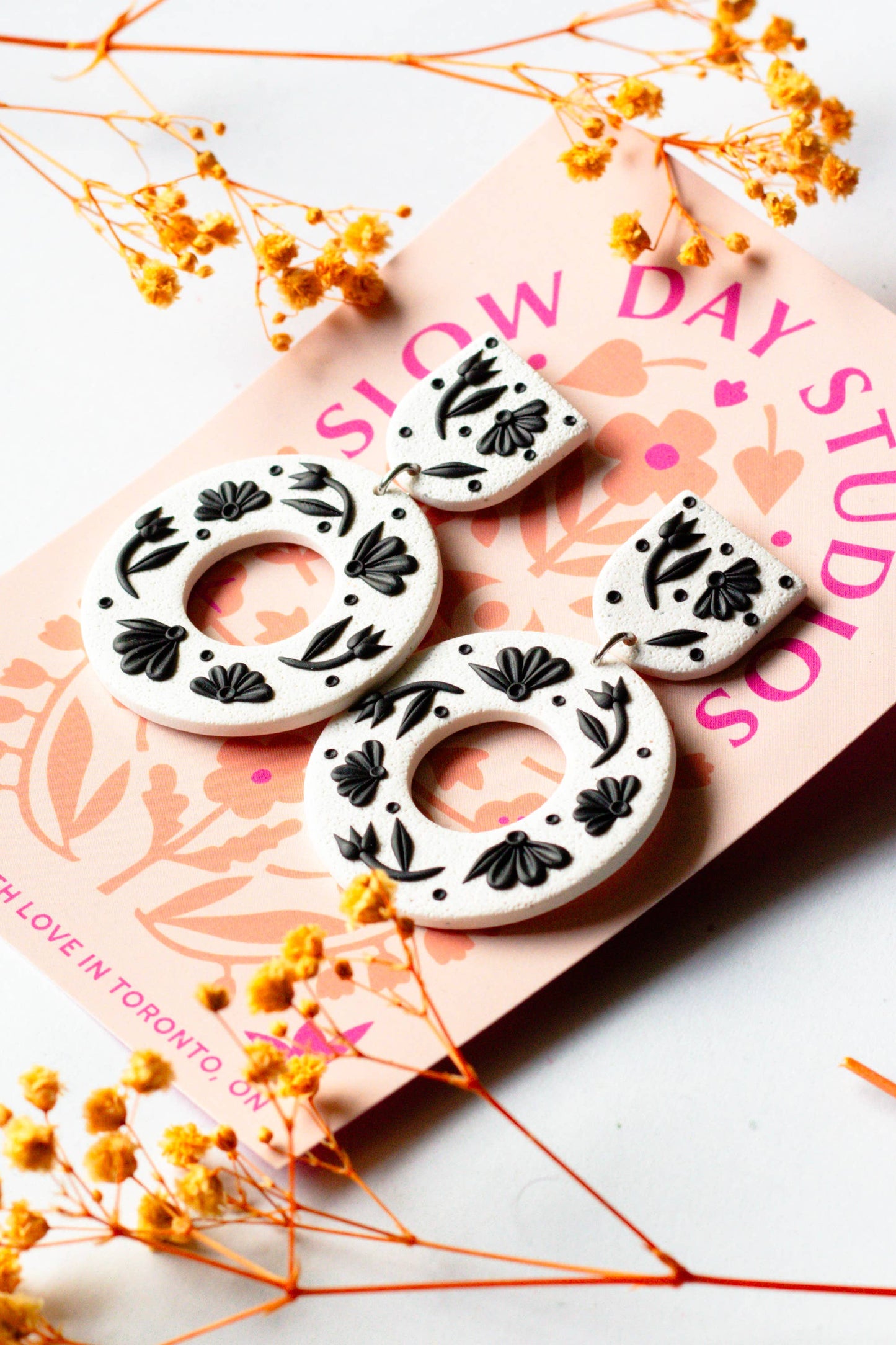 Polymer Clay Floral Wreath Dangle in Black and White