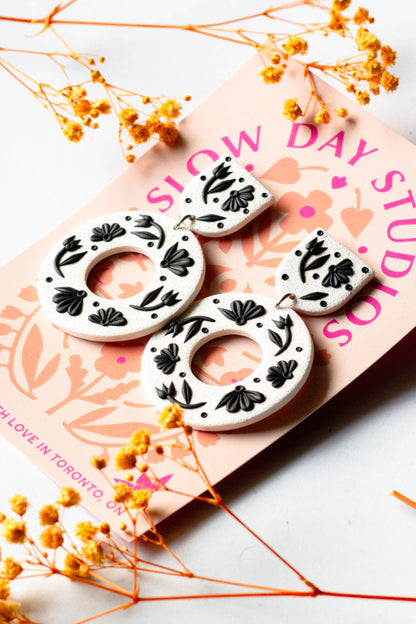 Polymer Clay Floral Wreath Dangle in Black and White