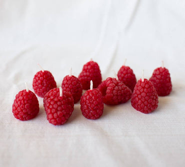 Set of 10 pure beeswax raspberry-shaped birthday candles in rustic kraft box