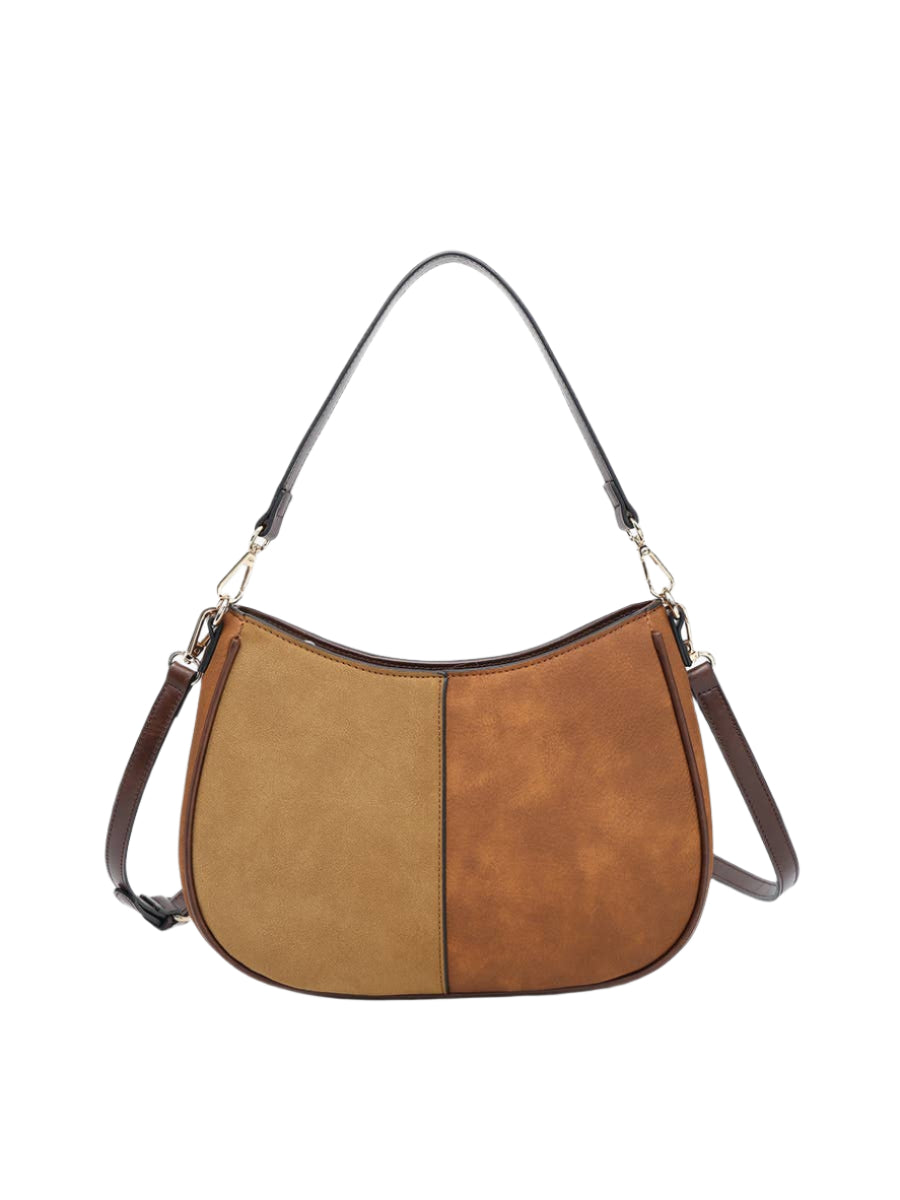 Zoe two-tone suede crossbody bag with gold hardware and zip closure