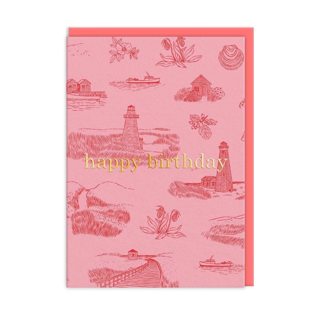 Lighthouses Happy Birthday Card by Emily Taylor with gold foil accents and coral envelope, blank inside. gift shop knoxville