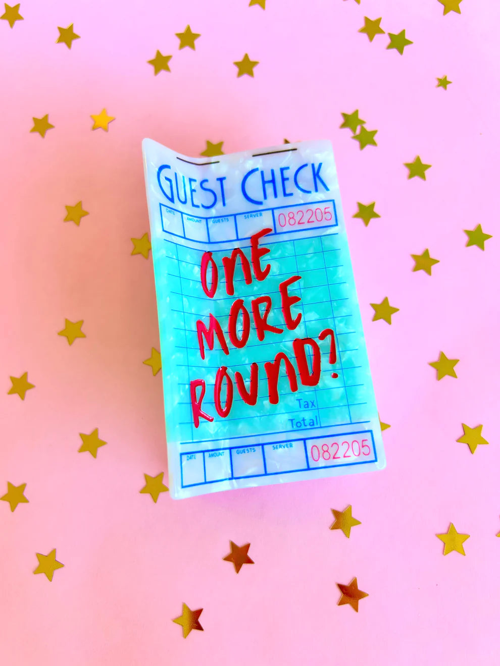 Playful hair claw clip reading 'Another Round?' in stylish font, perfect for bar nights or party gifts