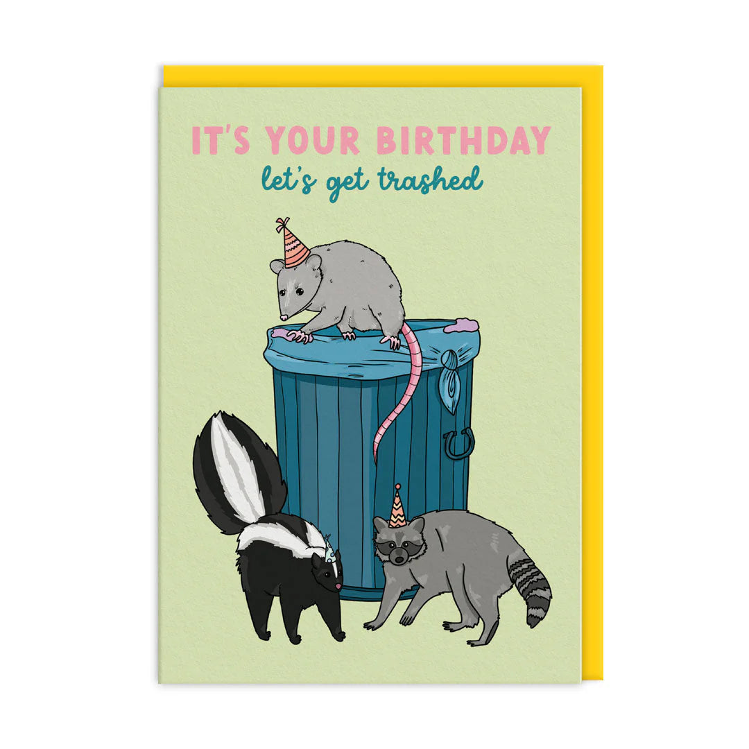 Let's Get Trashed Birthday Card by Party Mountain Paper with yellow envelope, blank inside gift store