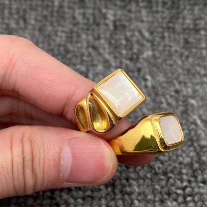 Inlaid Shell Square 18K Gold Plated Stainless Steel Ring