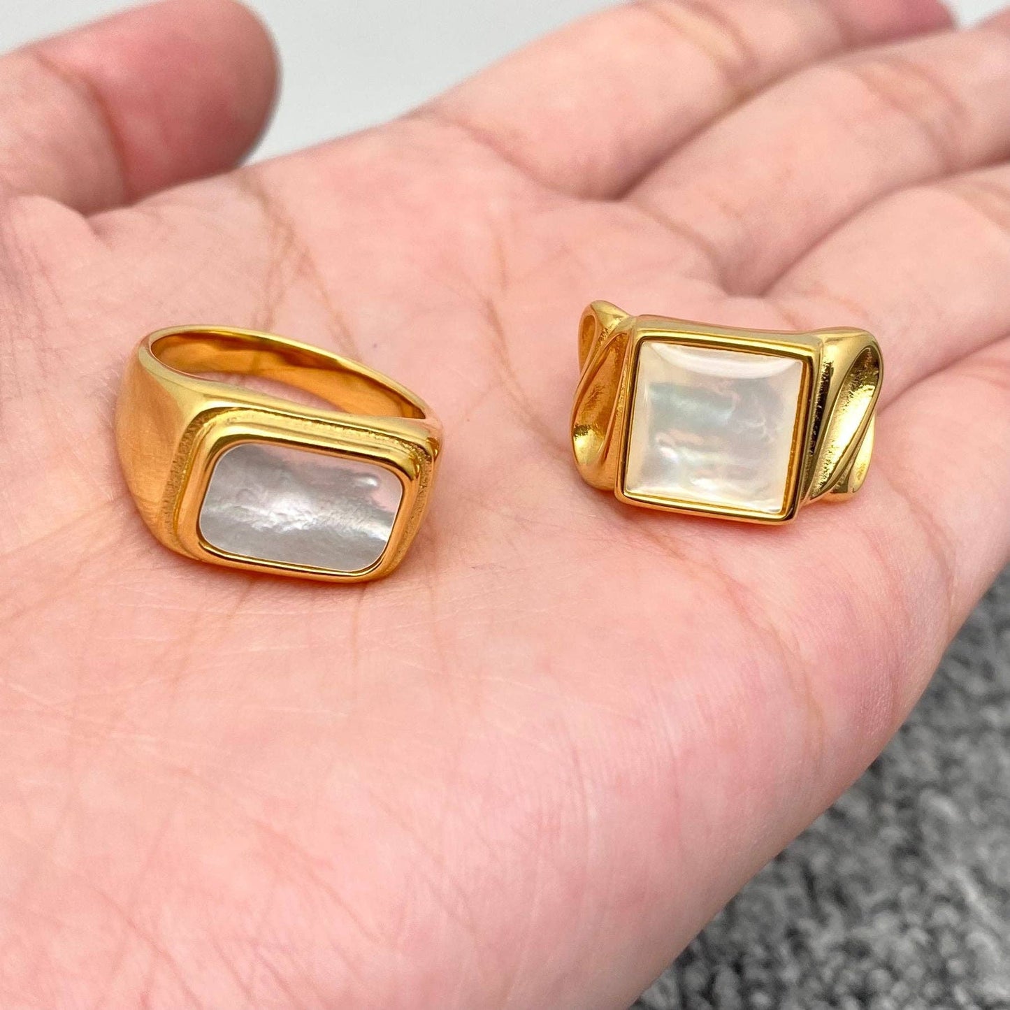 Inlaid Shell Square 18K Gold Plated Stainless Steel Ring