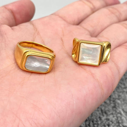 Inlaid Shell Square 18K Gold Plated Stainless Steel Ring