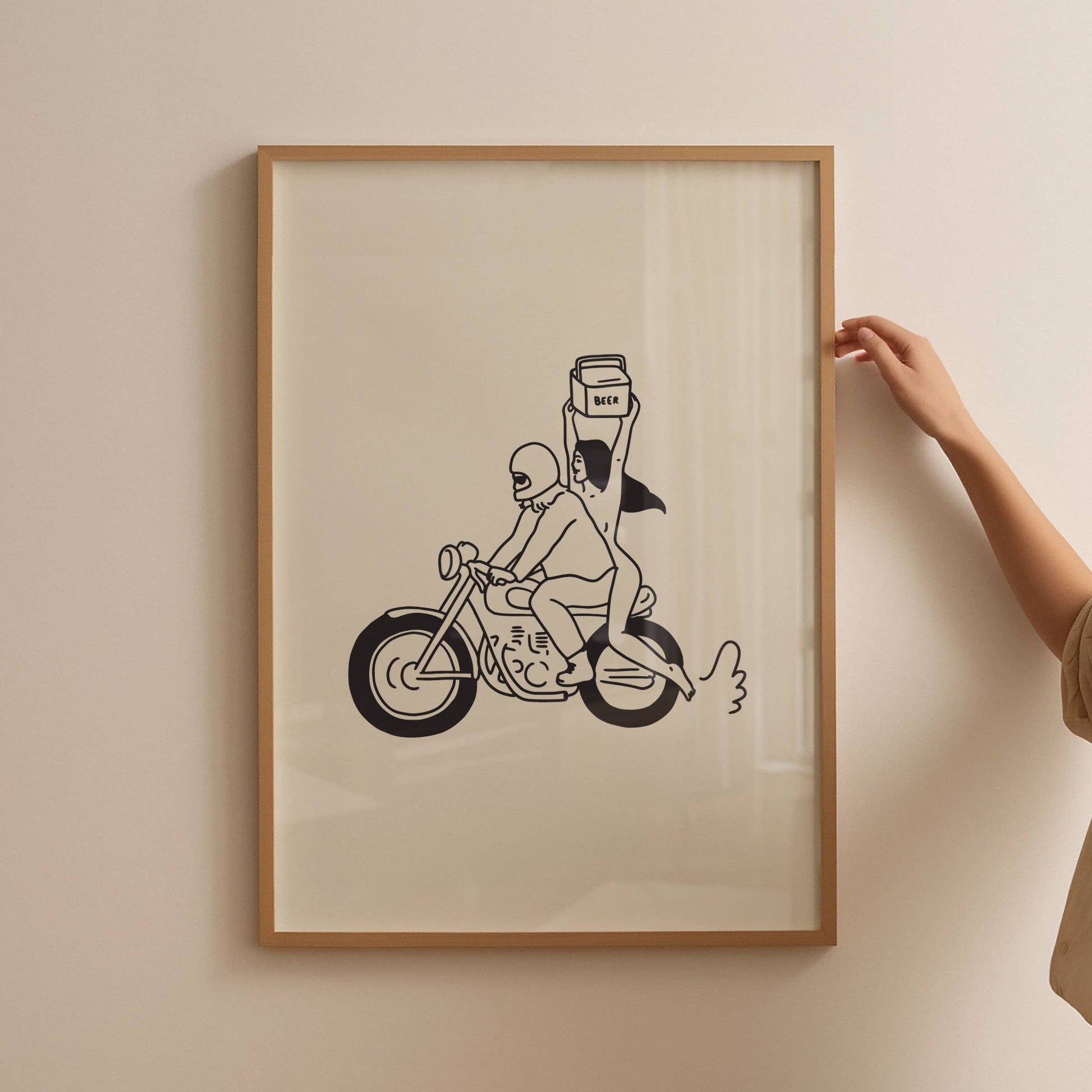 Minimalist 8x10 art print of beer run on motorcycle for home or office