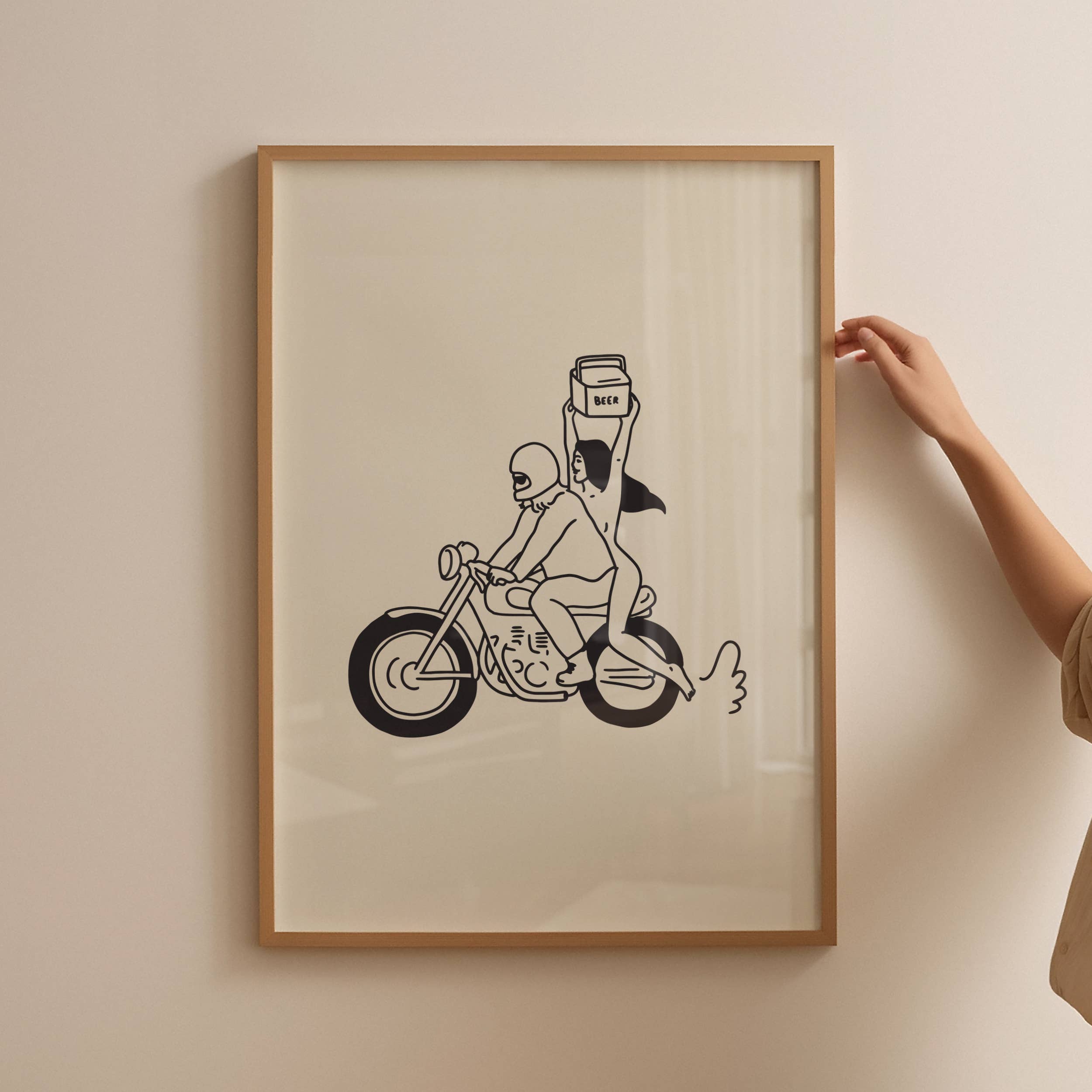 Minimalist 8x10 art print of beer run on motorcycle for home or office