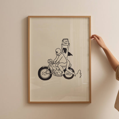 Minimalist 8x10 art print of beer run on motorcycle for home or office