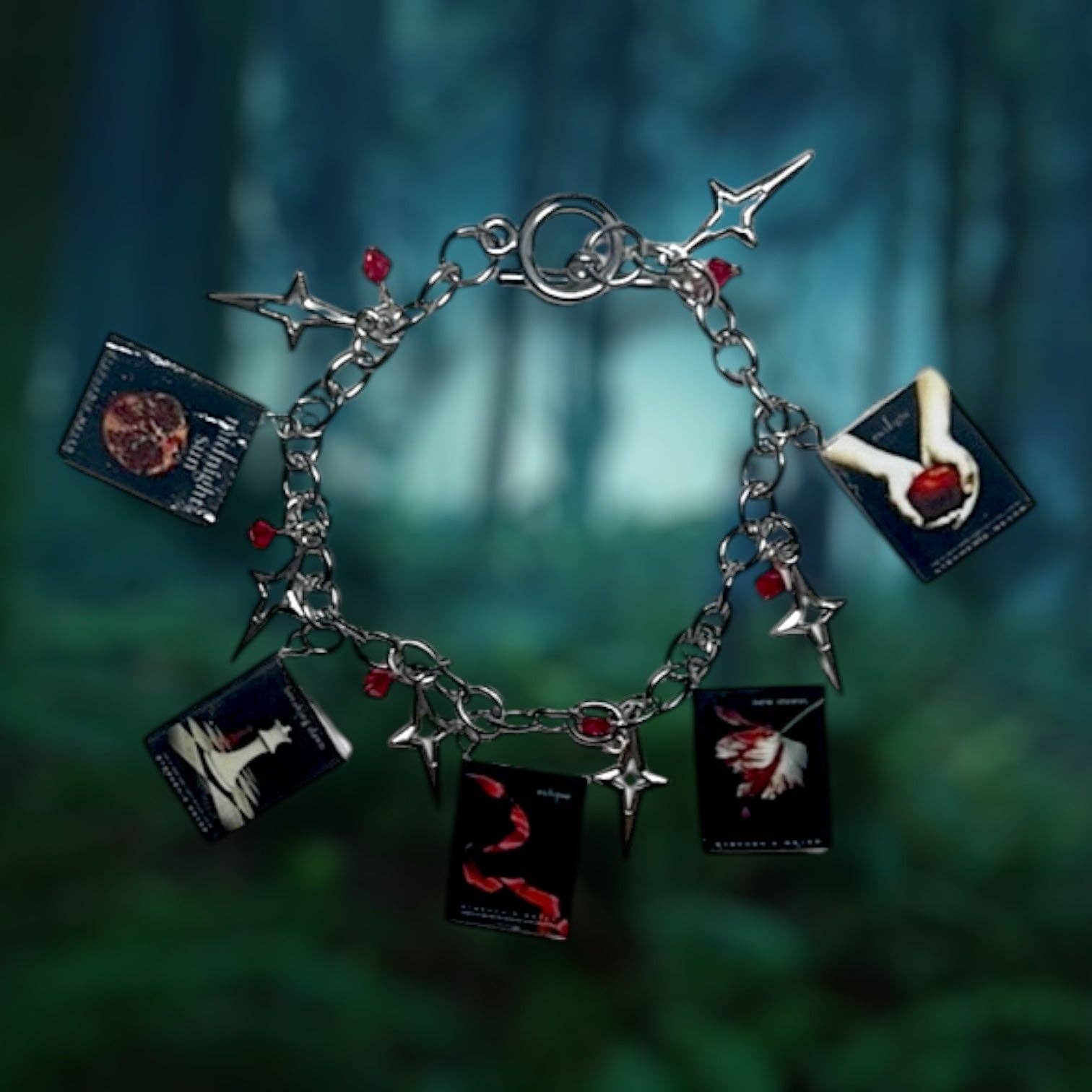 Twilight Saga Charm Bracelet with miniature openable books, 7.5" beaded bracelet, toggle clasp. gift shop 