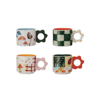 Mushroom and Quilt Floral Stoneware Hand Painted Mug