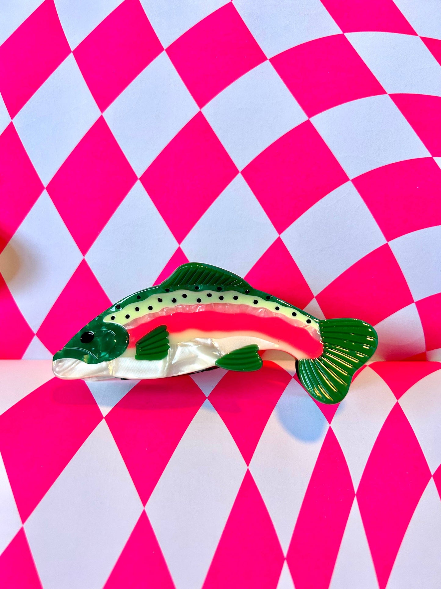 Colorful fish-shaped hair claw clip made from plant-based cellulose acetate – quirky gift for women