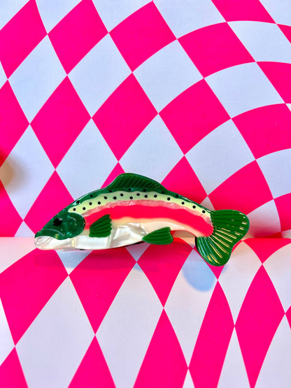 Colorful fish-shaped hair claw clip made from plant-based cellulose acetate – quirky gift for women