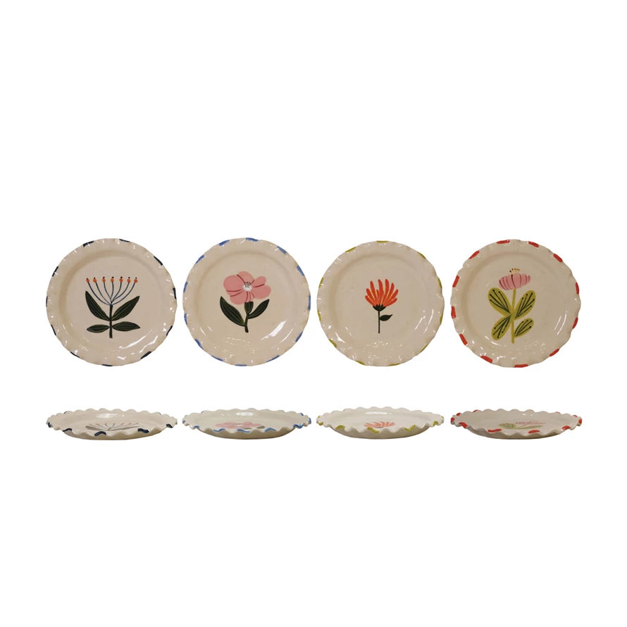 8-1/2" hand-painted stoneware plate with floral design and ruffled edge gift store
