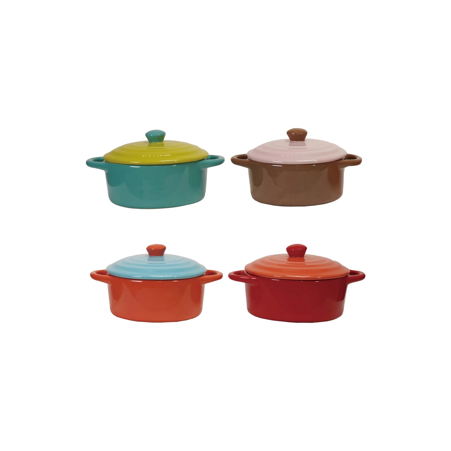 Two-tone 1-1/3 cup stoneware baker with lid, blue, brown, orange, red gift shop