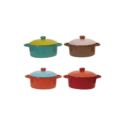 Two-tone 1-1/3 cup stoneware baker with lid, blue, brown, orange, red gift shop