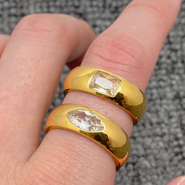 White Zircon 18K Gold Plated Stainless Steel Glossy Ring