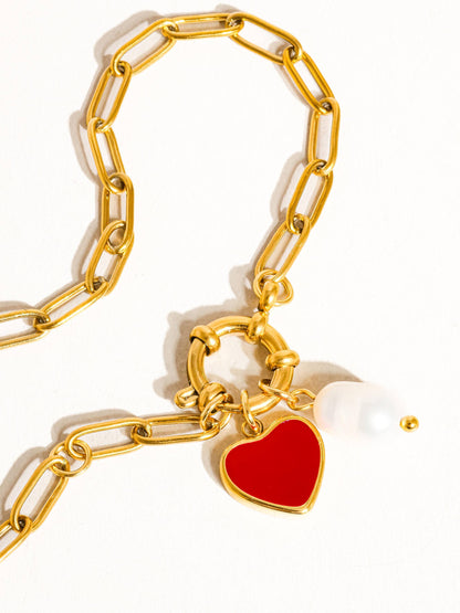 Eulalie 18K Gold Non Tarnish Heart Pearl Chain Bracelet