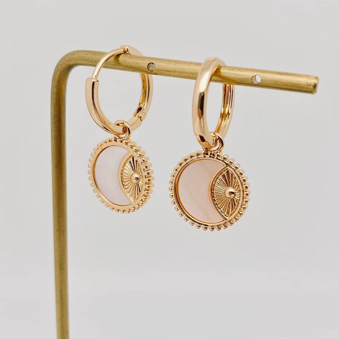 Shell Moon Gold Plated Sun Charm Huggie Earrings