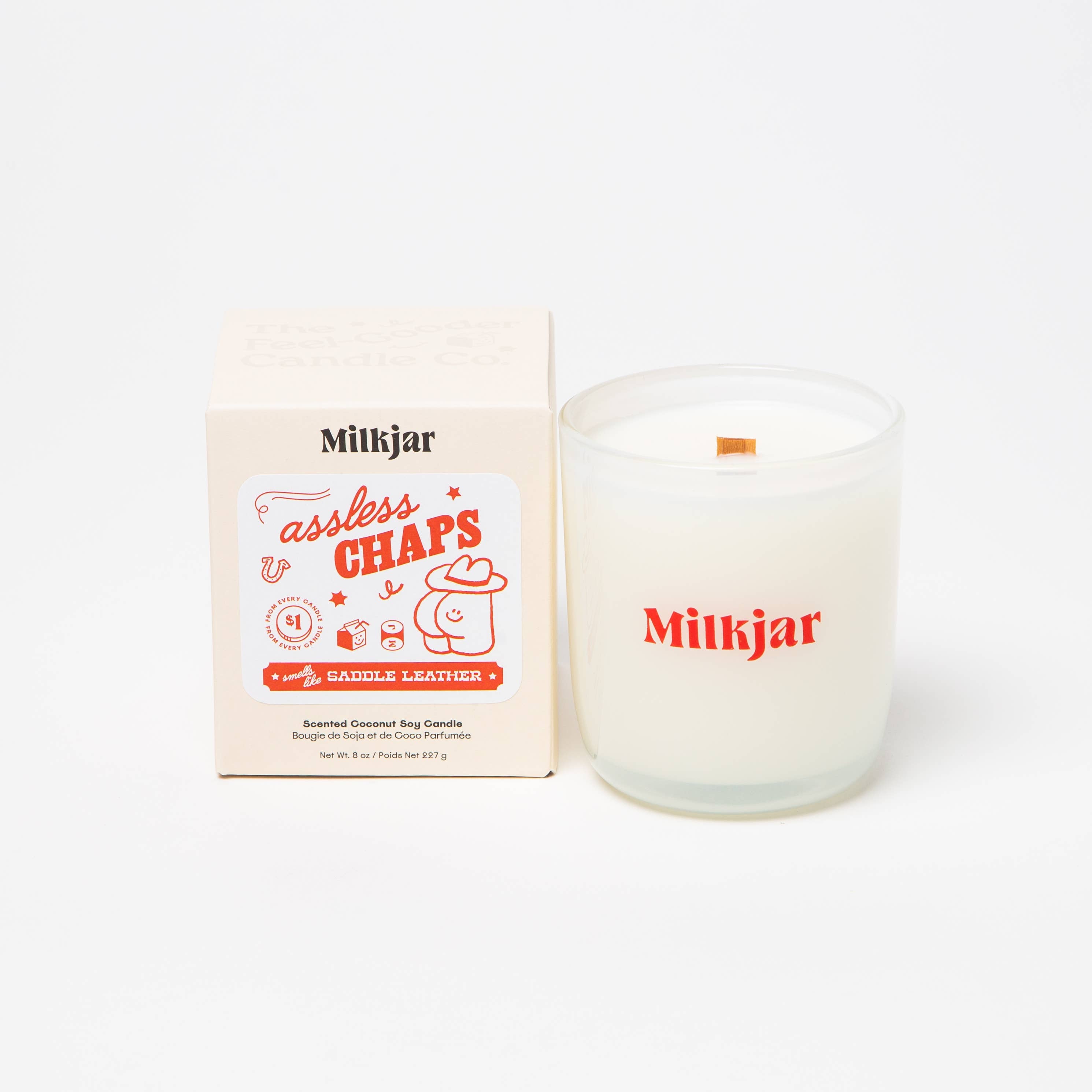 Assless Chaps Saddle Leather 8oz coconut soy candle with crackling wooden wick gift store
