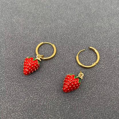Strawberry Charm 18K Gold Plated SS Huggie Earrings