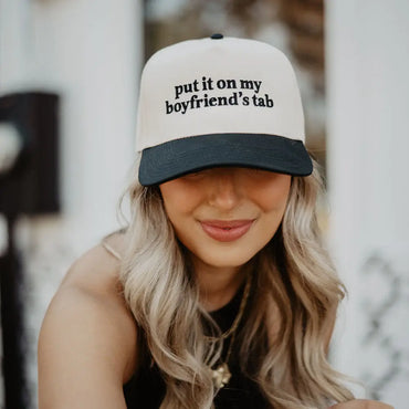 Adjustable snapback trucker cap with ‘Put It On My Boyfriend’s Tab’ embroidery funny gift shop fashion item