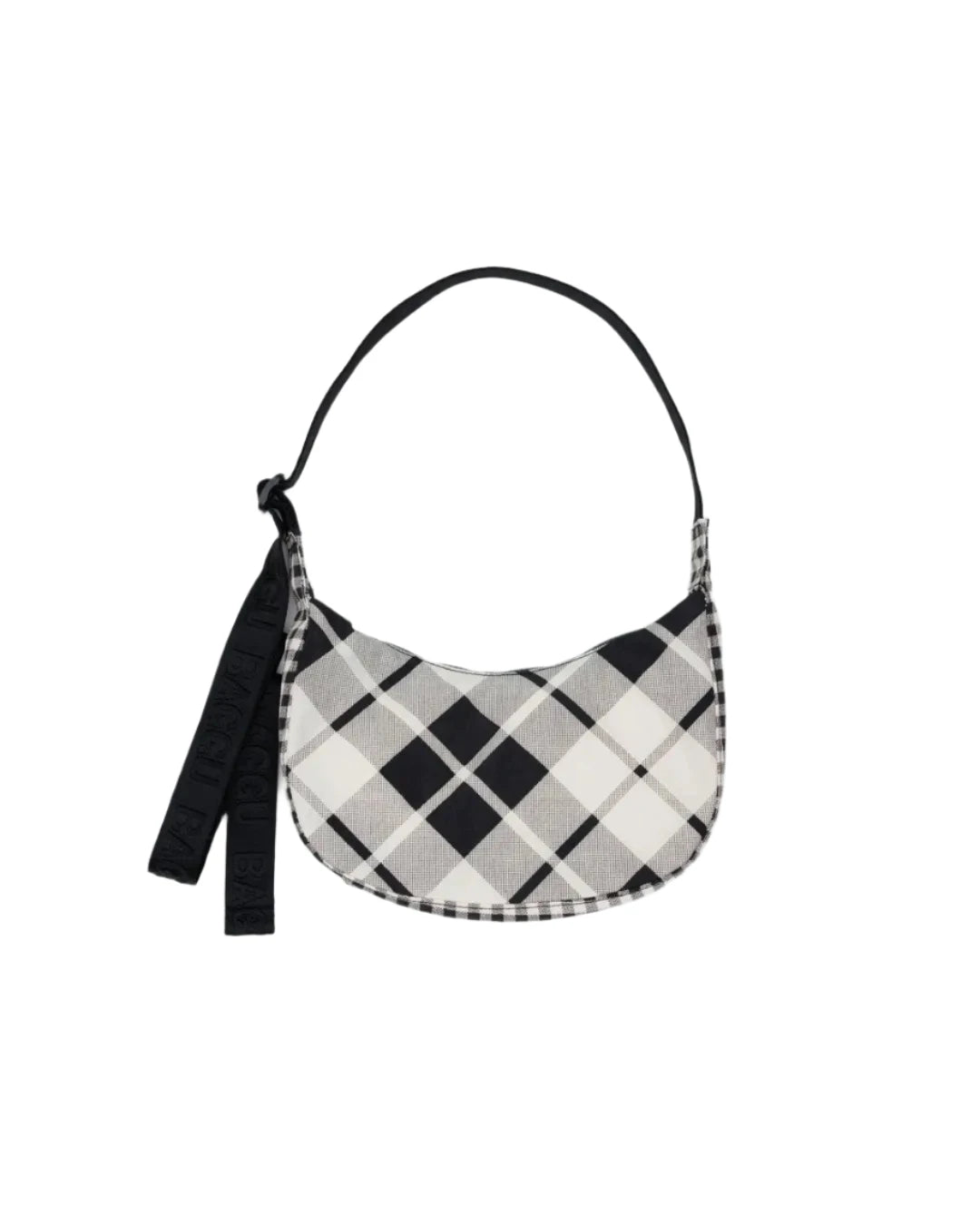 Small Baggu crescent bag in Mixed Plaid print, made from recycled nylon with an adjustable strap great gift idea for gift store