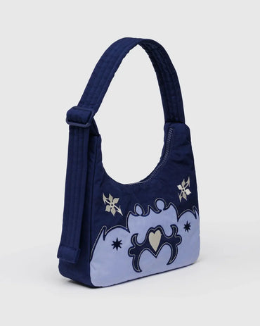 Mini nylon shoulder bag with quilted strap and compact shape, made from recycled materials and ideal for gifting