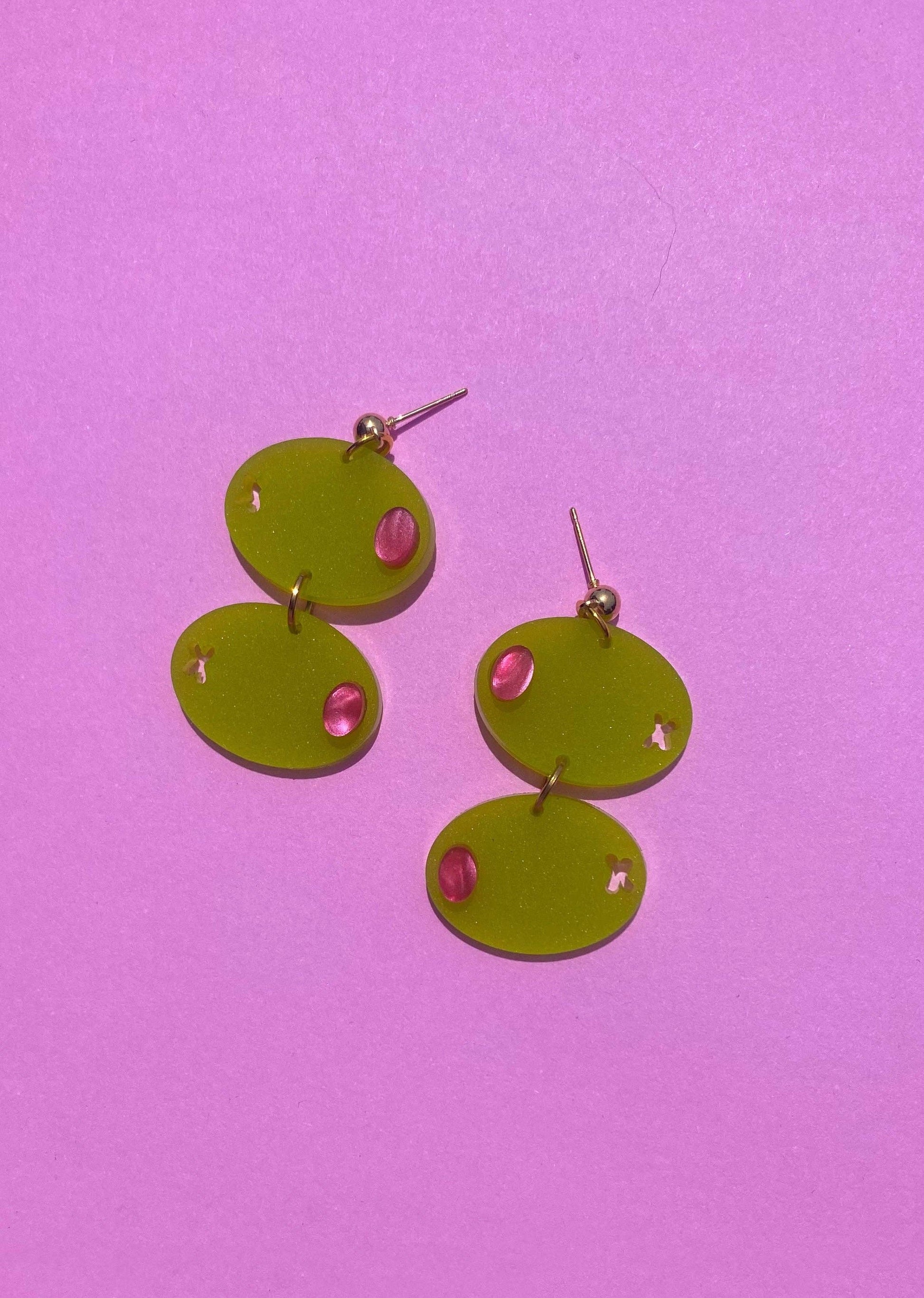 Statement acrylic olive earrings for food lovers and gift giving