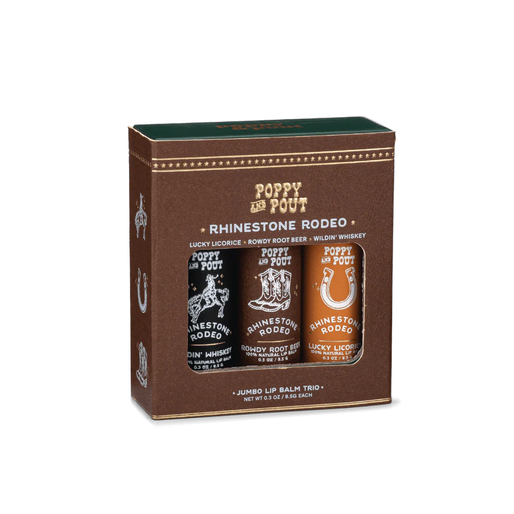 Rhinestone Rodeo Lip Balm Trio with whiskey, licorice, and root beer flavors perfect gift set 