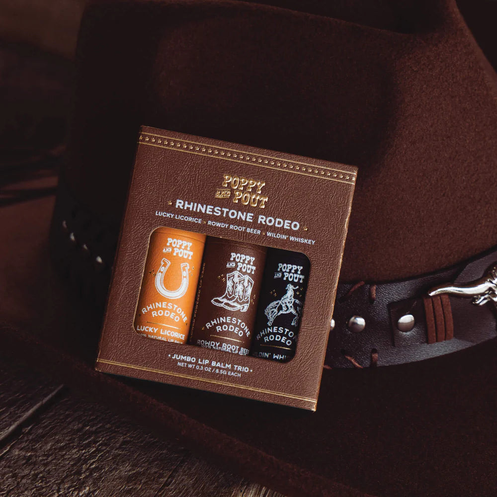 Set of 3 rustic lip balms: Wildin’ Whiskey, Lucky Licorice, Rowdy Root Beer gift shop
